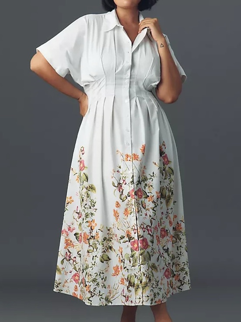 Anthropologie Exquise Tobie Dress White Floral Calliope Midi Shirtdress Cotton